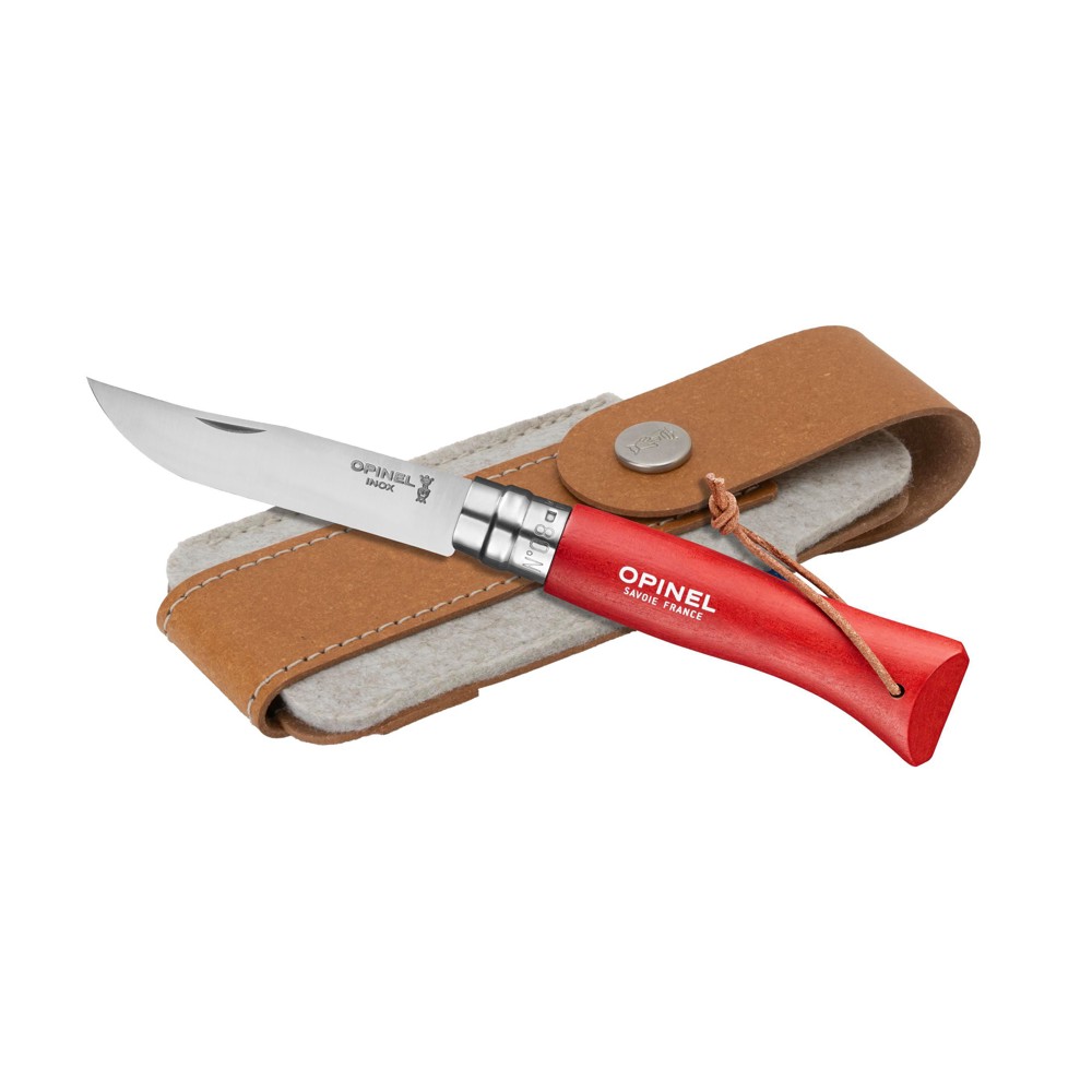 Opinel Colorama No 08 zakmes in een riemetui - rood