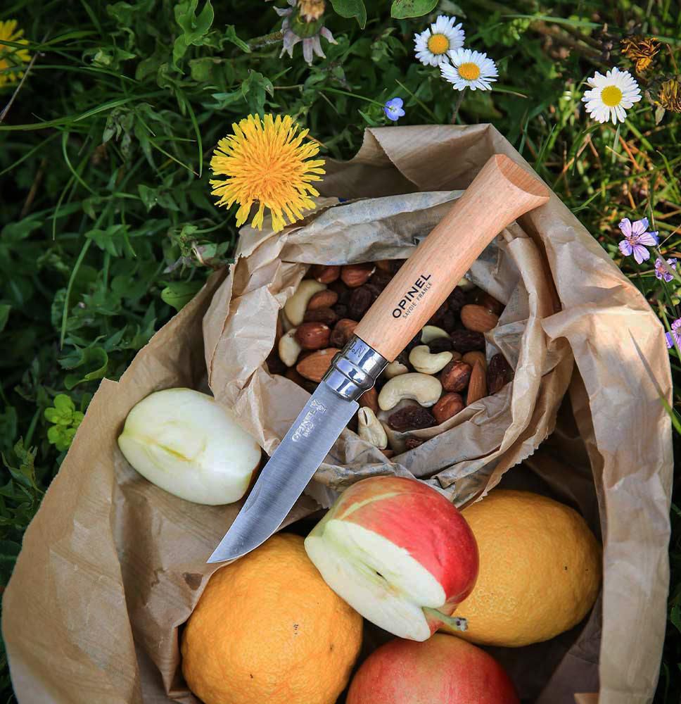 Opinel Inox No 08 zakmes in een riemetui